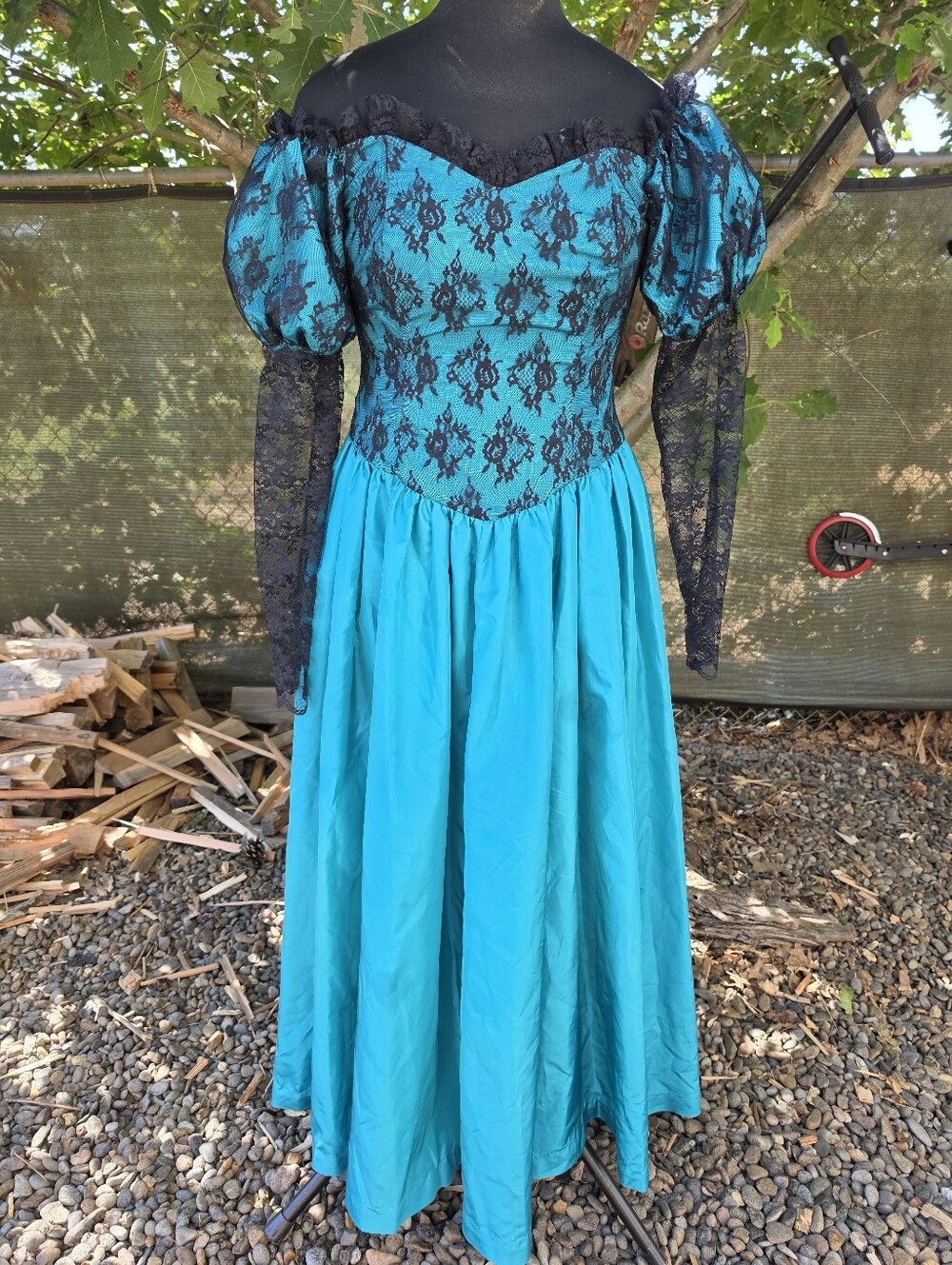 Vtg 1980's Goth Romantic Teal Satin & Black Lace Prom Gown Statement Back Bow